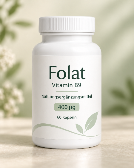 Weiße Nahrungsergänzungsmittel-Flasche mit der Aufschrift Folat Vitamin B9, 400 µg, 60 Kapseln