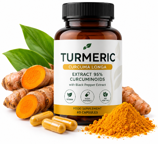 Kurkuma Nahrungsergänzungsmittel mit Curcumin, Kurkuma-Extrakt und 95 % Curcuminoiden.