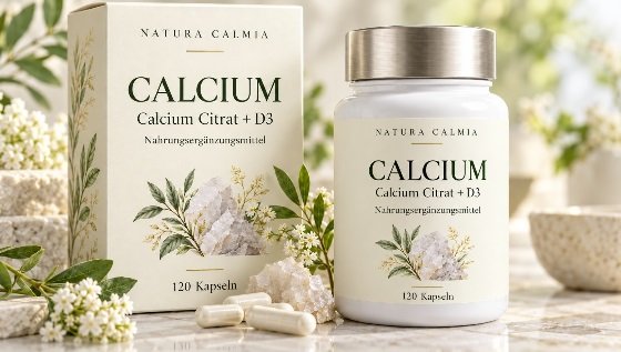 Calcium-Nahrungsergänzungsmittel mit Calcium Citrat und Vitamin D3 in Flasche und Verpackung