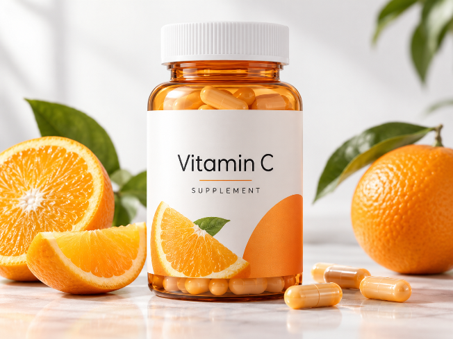 Vitamin C Nahrungsergänzung in Kapselform mit frischen Orangen und Vitamin-C-Kapseln auf hellem Hintergrund.